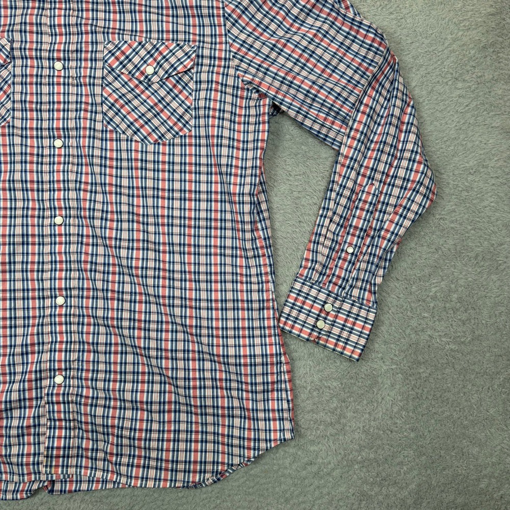 Banana Republic Mens Western Pearl Snap Plaid Shirt Red White Blue Large Stretch - Picture 5 of 12